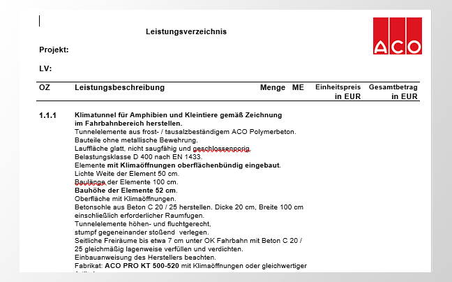 ACO PRO, Ausschreibungstexte für Tunnelsysteme und Leitsysteme